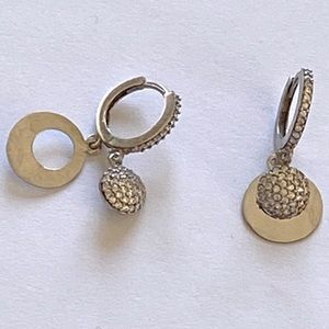 Double round drop silver cz dangle hoops earrings